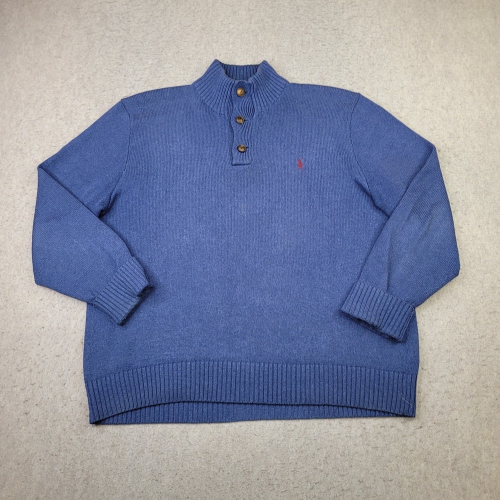 Polo Ralph Lauren Knit Pullover Sweater Men 2XL Blue 1/4 Button Mock Neck Preppy